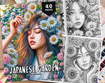 40 Japanischer Garten: Schöne Mädchen mit Blumen Malvorlagen, Frauen Malbuch, Malvorlagen für Erwachsene