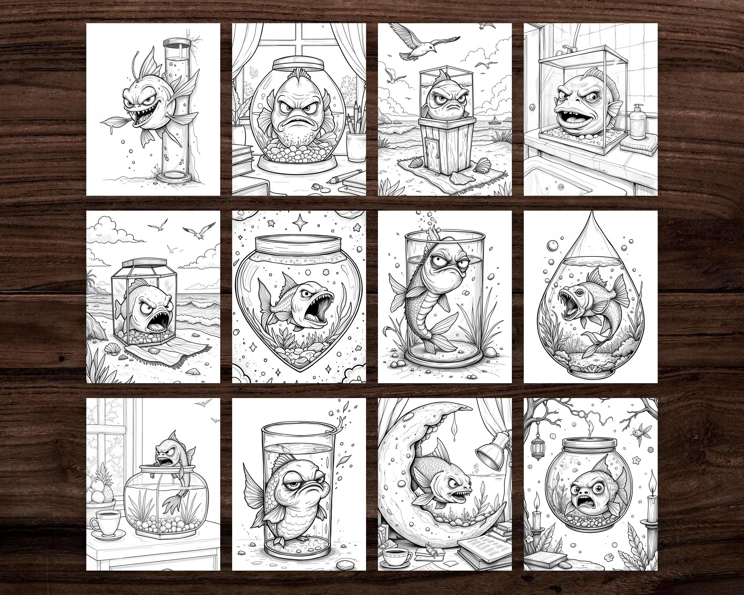 40 Angry Fish Coloring Book, Grayscale Coloring, Coloring Sheets ...