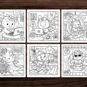 May include: A collection of six black and white coloring pages featuring adorable cartoon dragons in various settings. Dragons are depicted using a laptop, shopping, and enjoying leisure activities. Each scene is framed within a square.