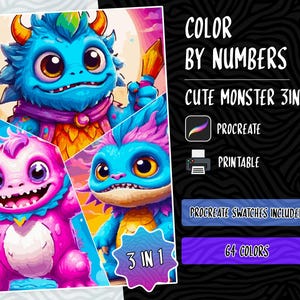 Color by Numbers Digital Coloring Pages Paint by Numbers Procreate Coloring Book Coloring Pages, Cute Fantasy Monster Coloring by Numbers