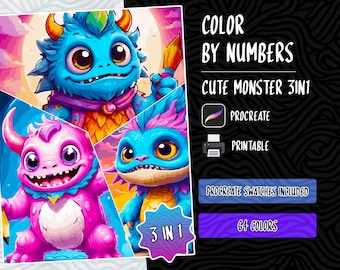 Kleur op nummer Digitale kleurplaten Verf op nummer Procreate Kleurboek Kleurplaten, schattig fantasiemonster Kleurplaten op nummer