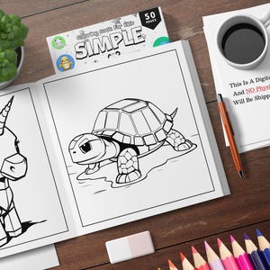 K&ouml;nnte beinhalten: Ein Schwarzwei&szlig;-Malbuch mit einem Einhorn und einer Schildkr&ouml;te auf dem Cover. Das Buch tr&auml;gt den Titel "Simple Coloring Book for Kids" und hat 50 Seiten.