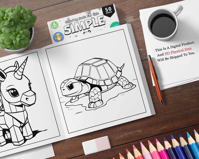 K&ouml;nnte beinhalten: Ein Schwarzwei&szlig;-Malbuch mit einem Einhorn und einer Schildkr&ouml;te auf dem Cover. Das Buch tr&auml;gt den Titel "Simple Coloring Book for Kids" und hat 50 Seiten.