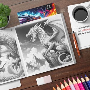 May include: A black and white coloring book page featuring two dragons. The dragons are facing each other with their mouths open. The background is a cloudy sky with mountains in the distance. The text "70 PAGES" is visible in the upper right corner of the image.