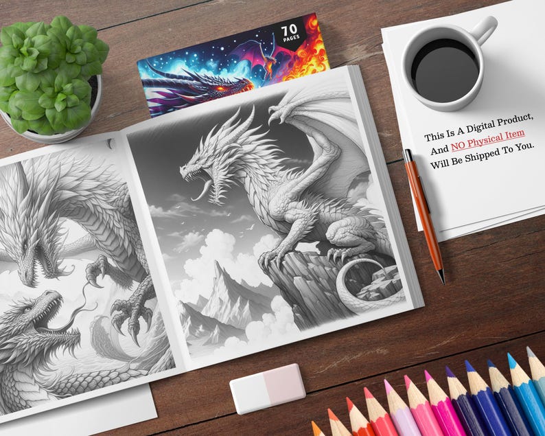May include: A black and white coloring book page featuring two dragons. The dragons are facing each other with their mouths open. The background is a cloudy sky with mountains in the distance. The text "70 PAGES" is visible in the upper right corner of the image.