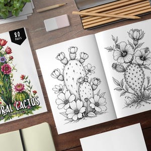 May include: A coloring book with 80 pages featuring floral cactus designs. The cover shows a colorful cactus with flowers and leaves. The inside pages show black and white line drawings of cacti with flowers.