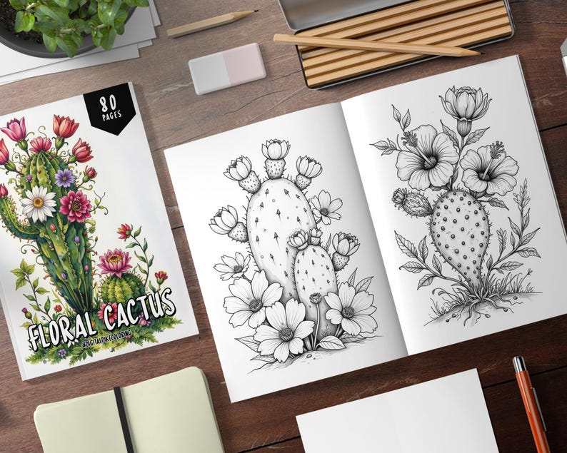 May include: A coloring book with 80 pages featuring floral cactus designs. The cover shows a colorful cactus with flowers and leaves. The inside pages show black and white line drawings of cacti with flowers.