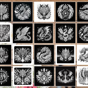 Puede incluir: Una colecci&oacute;n de 16 ilustraciones digitales en blanco y negro que representan dragones en varias poses y entornos. Los dragones se representan con detalles intrincados y rodeados de patrones florales y geom&eacute;tricos.