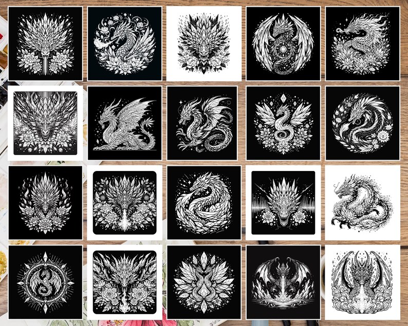 Puede incluir: Una colecci&oacute;n de 16 ilustraciones digitales en blanco y negro que representan dragones en varias poses y entornos. Los dragones se representan con detalles intrincados y rodeados de patrones florales y geom&eacute;tricos.