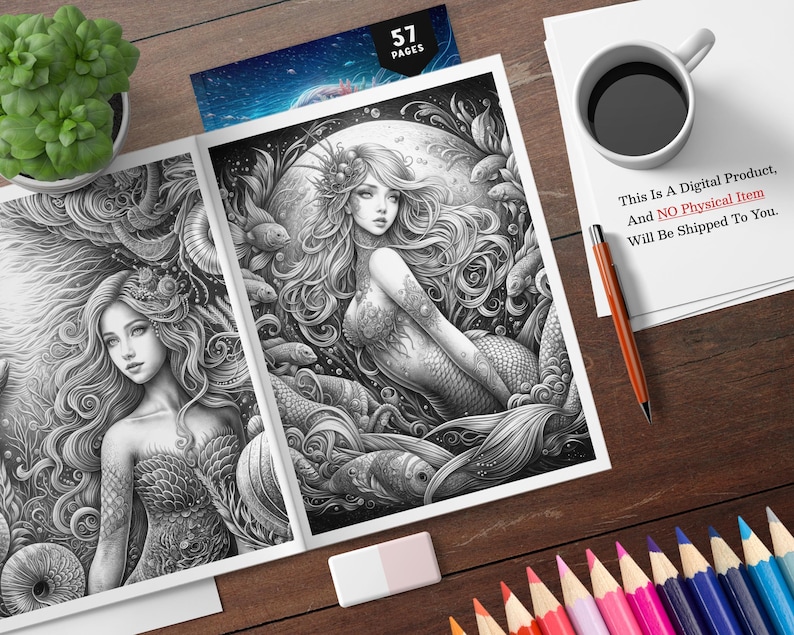 Puede incluir: Libro para colorear abierto con ilustraciones de sirenas. El libro est&aacute; abierto en dos p&aacute;ginas, cada una con un dibujo detallado en blanco y negro de una sirena. El texto "57 PAGES" es visible. Tambi&eacute;n hay una taza de caf&eacute;, un bol&iacute;grafo y l&aacute;pices de colores.