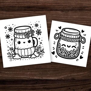 Puede incluir: Dos p&aacute;ginas para colorear en blanco y negro con lindos frascos de dibujos animados. El primer frasco lleva un gorro y una bufanda de punto y est&aacute; rodeado de copos de nieve. El segundo frasco est&aacute; lleno de flores y tiene un coraz&oacute;n alrededor.