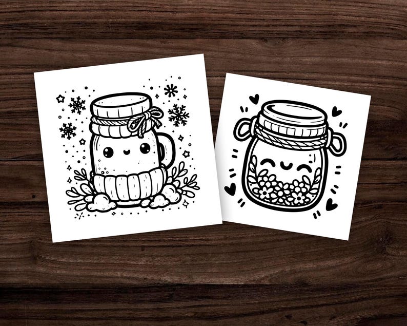 Puede incluir: Dos p&aacute;ginas para colorear en blanco y negro con lindos frascos de dibujos animados. El primer frasco lleva un gorro y una bufanda de punto y est&aacute; rodeado de copos de nieve. El segundo frasco est&aacute; lleno de flores y tiene un coraz&oacute;n alrededor.