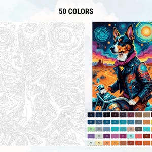Peut inclure: Un kit de peinture par num&eacute;ros repr&eacute;sentant un chien en blouson de motard sur une moto, dans un paysage d&eacute;sertique. Le kit comprend un contour num&eacute;rot&eacute; et une palette de 50 couleurs. Le texte "50 COULEURS" est affich&eacute; en haut.