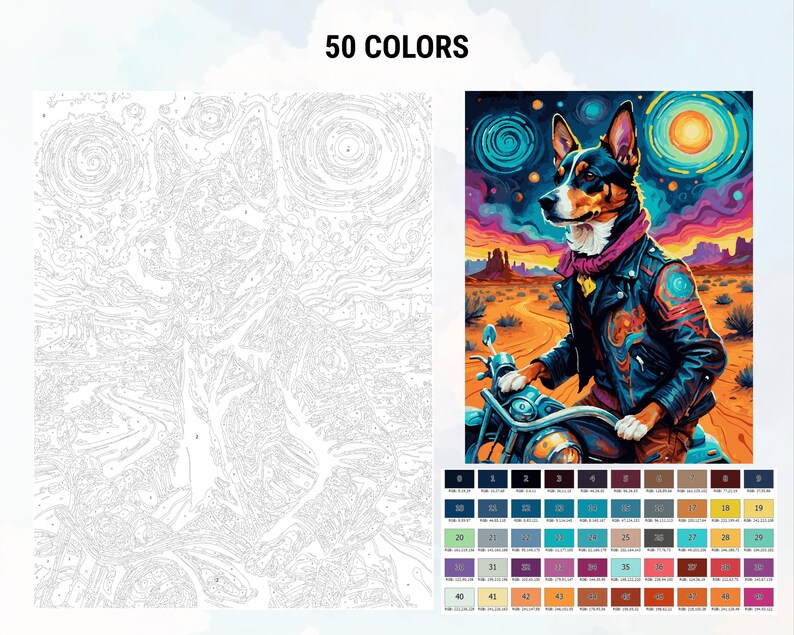 Peut inclure: Un kit de peinture par num&eacute;ros repr&eacute;sentant un chien en blouson de motard sur une moto, dans un paysage d&eacute;sertique. Le kit comprend un contour num&eacute;rot&eacute; et une palette de 50 couleurs. Le texte "50 COULEURS" est affich&eacute; en haut.