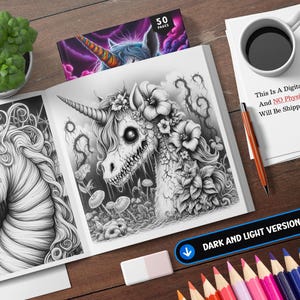 May include: A black and white colouring book page featuring a detailed illustration of a skull-like unicorn with flowers and vines. The text "This Is A Digital Product, And NO Physical Item Will Be Shipped To You." is visible on the page.