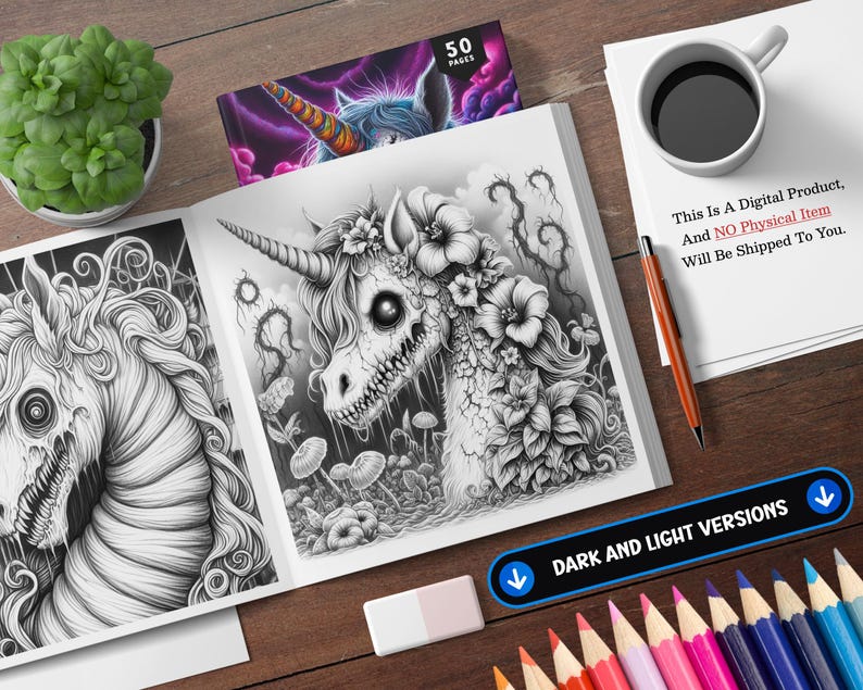 May include: A black and white colouring book page featuring a detailed illustration of a skull-like unicorn with flowers and vines. The text "This Is A Digital Product, And NO Physical Item Will Be Shipped To You." is visible on the page.