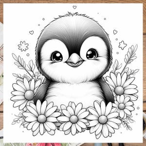 K&ouml;nnte beinhalten: Eine Schwarzwei&szlig;illustration eines niedlichen Pinguins, umgeben von G&auml;nsebl&uuml;mchen. Der Pinguin hat einen kleinen Schnabel und gro&szlig;e Augen. Die G&auml;nsebl&uuml;mchen haben ein einfaches Design mit mehreren Bl&uuml;tenbl&auml;ttern.