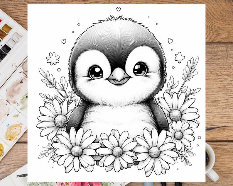 K&ouml;nnte beinhalten: Eine Schwarzwei&szlig;illustration eines niedlichen Pinguins, umgeben von G&auml;nsebl&uuml;mchen. Der Pinguin hat einen kleinen Schnabel und gro&szlig;e Augen. Die G&auml;nsebl&uuml;mchen haben ein einfaches Design mit mehreren Bl&uuml;tenbl&auml;ttern.