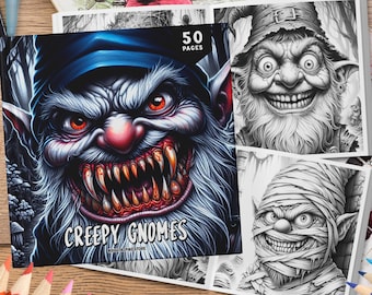 50 Creepy Gnome Coloring Book, Gnome Coloring, Coloring Sheets, Creepy Coloring Pages, Halloween Coloring Book, Monster Coloring