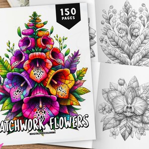 May include: A coloring book cover featuring a colorful illustration of patchwork flowers. The cover text reads "Patchwork Flowers #DIGITALPIKECOLORING" and "150 Pages".