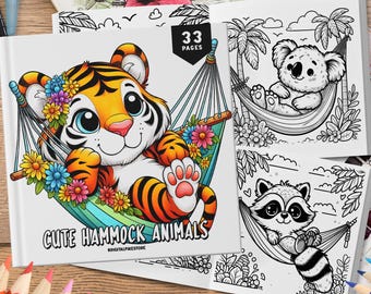 May include: A colouring book with 33 pages featuring cute animals in hammocks. The cover shows a tiger in a hammock with flowers. The title is "Cute Hammock Animals" with the hashtag #DigitalPikeStore.