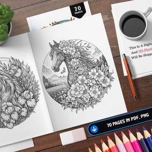 May include: A black and white coloring book featuring two horse illustrations surrounded by flowers. The book has 70 pages and is available in PDF and PNG formats. This is a digital product and will not be shipped.