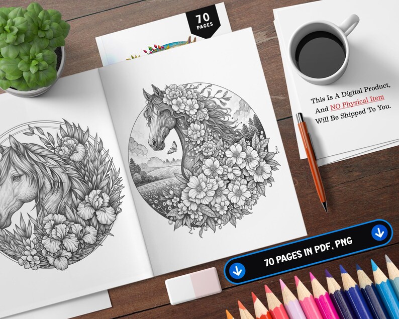 May include: A black and white coloring book featuring two horse illustrations surrounded by flowers. The book has 70 pages and is available in PDF and PNG formats. This is a digital product and will not be shipped.