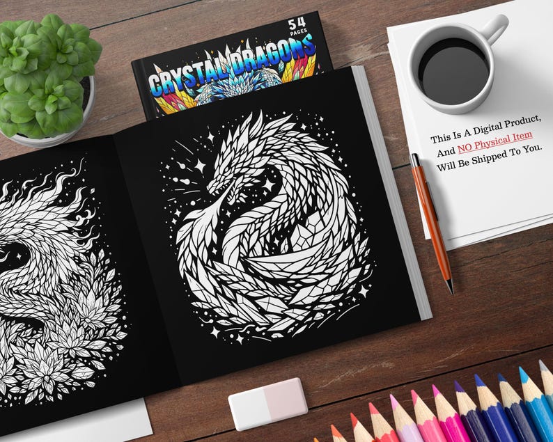 Puede incluir: Un libro para colorear en blanco y negro con un dise&ntilde;o de drag&oacute;n en la portada. El libro est&aacute; abierto en una p&aacute;gina con un dise&ntilde;o de drag&oacute;n. El texto de la portada dice "Crystal Dragons" y "54 Pages".