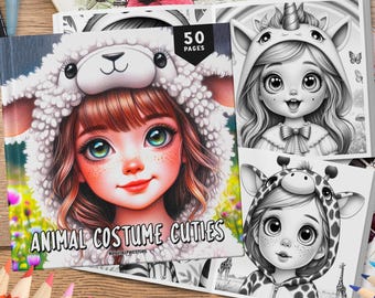 Livre de coloriage 50 adorables animaux costumés, pages à colorier en niveaux de gris, feuilles à colorier, adorable fille à colorier, livre de coloriage pour filles, coloriage mignon
