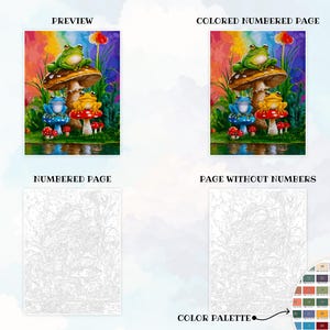 May include: A paint by numbers kit featuring three frogs sitting on mushrooms. The frogs are green, blue, and yellow. The mushrooms are red and white. The background is a rainbow.