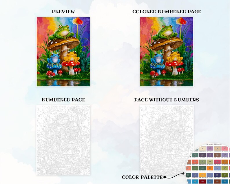 May include: A paint by numbers kit featuring three frogs sitting on mushrooms. The frogs are green, blue, and yellow. The mushrooms are red and white. The background is a rainbow.