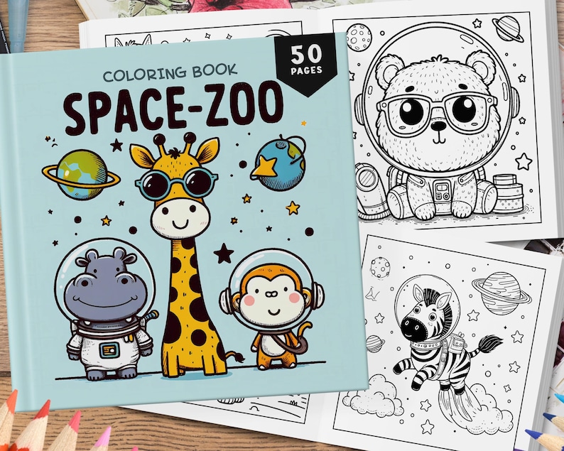 50 Cute Animals in Space Zoo Coloring Book for Kids, Coloring Sheets, Animals Coloring Pages for Teens and Kids, Cute Coloring