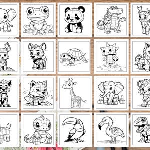 K&ouml;nnte beinhalten: Ein Set mit 20 Schwarzwei&szlig;-Malvorlagen mit verschiedenen Tieren, darunter ein Panda, eine Giraffe, eine Schildkr&ouml;te, ein Einhorn, ein L&ouml;we, ein Flamingo, ein Dinosaurier und mehr. Jedes Tier ist im Cartoon-Stil mit geometrischen Formen dargestellt.