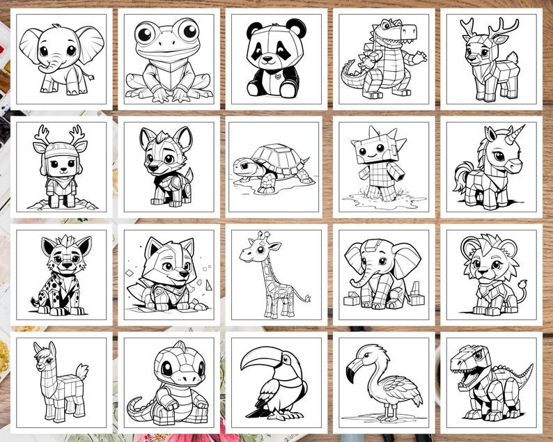 K&ouml;nnte beinhalten: Ein Set mit 20 Schwarzwei&szlig;-Malvorlagen mit verschiedenen Tieren, darunter ein Panda, eine Giraffe, eine Schildkr&ouml;te, ein Einhorn, ein L&ouml;we, ein Flamingo, ein Dinosaurier und mehr. Jedes Tier ist im Cartoon-Stil mit geometrischen Formen dargestellt.