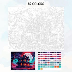 K&ouml;nnte beinhalten: Ein Malen-nach-Zahlen-Set mit einem Geisterhaus-Design. Das Set enth&auml;lt eine nummerierte Leinwand, eine Farbtabelle mit 82 Farben und ein fertiges Beispielbild. Das Bild zeigt ein gruseliges Haus mit Vollmond im Hintergrund.