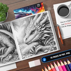 May include: A coloring book with 70 pages of dragon illustrations. The cover features a detailed black and white drawing of a dragon with its head resting on a rock. The text "70 PAGES IN PDF, PNG" is visible in the lower right corner of the image.