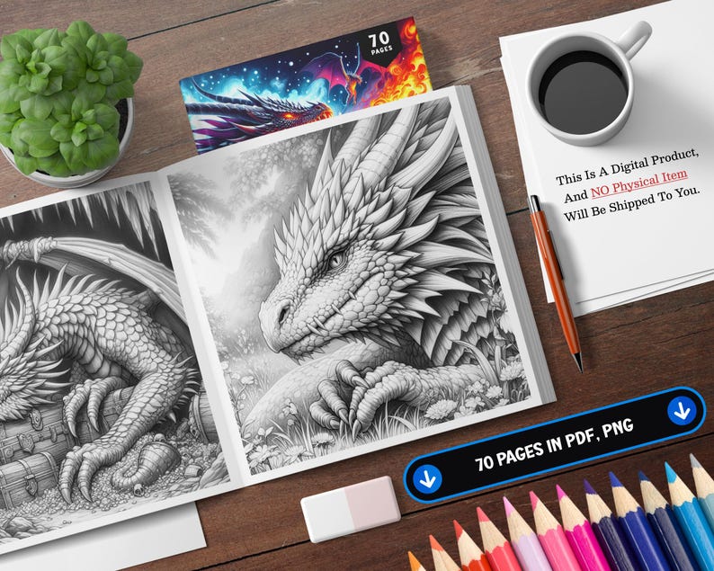 May include: A coloring book with 70 pages of dragon illustrations. The cover features a detailed black and white drawing of a dragon with its head resting on a rock. The text "70 PAGES IN PDF, PNG" is visible in the lower right corner of the image.