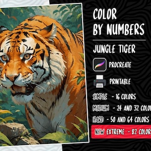 Color by Numbers, Digital Coloring Pages, Paint by Numbers, Procreate Coloring Book, Adults Coloring Book, Tiger Coloring by Numbers