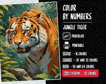 Puede incluir: Pintura de colorear por números de un tigre en un entorno de selva. La imagen está etiquetada como "Jungle Tiger" e incluye el texto "Procreate", "Printable", "Simple - 16 Colores", "Medio - 24 y 32 Colores", "Difícil - 50 y 64 Colores", y "Nuevo Extremo - 82 Colores".
