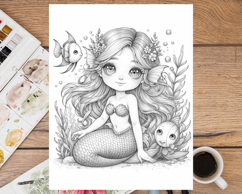 May include: A black and white illustration of a mermaid with long flowing hair, a seashell bra, and a fishtail. She is surrounded by seaweed and two fish.