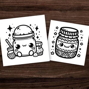 Puede incluir: Dos ilustraciones en blanco y negro de lindos frascos de dibujos animados con caras. El primer frasco tiene una tapa y est&aacute; rodeado de estrellas y otros peque&ntilde;os detalles. El segundo frasco tiene un dise&ntilde;o estampado y est&aacute; rodeado de estrellas.