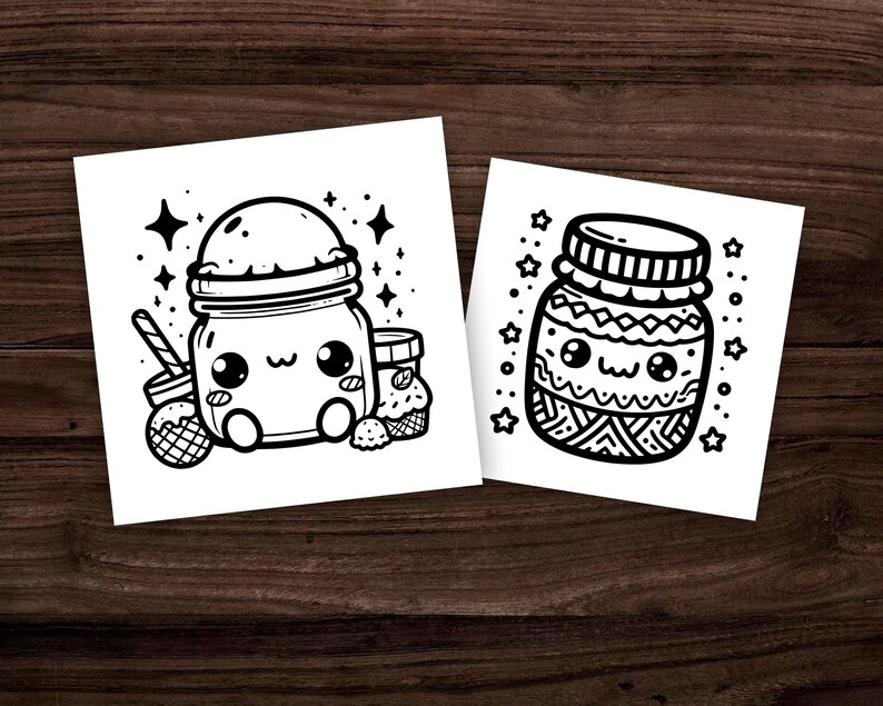 Puede incluir: Dos ilustraciones en blanco y negro de lindos frascos de dibujos animados con caras. El primer frasco tiene una tapa y est&aacute; rodeado de estrellas y otros peque&ntilde;os detalles. El segundo frasco tiene un dise&ntilde;o estampado y est&aacute; rodeado de estrellas.