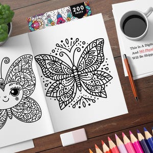 K&ouml;nnte beinhalten: Ein Malbuch mit 200 Seiten mit zwei Schwarzwei&szlig;-Schmetterlings-Illustrationen. Der Text "This Is A Digital Product, And NO Physical Item Will Be Shipped To You." ist auf einem wei&szlig;en Blatt Papier gedruckt.