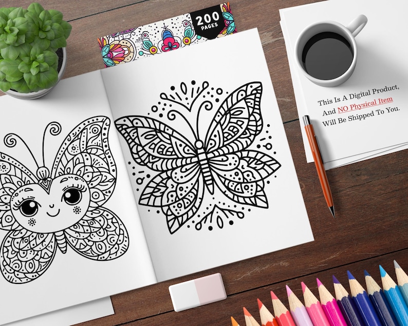 K&ouml;nnte beinhalten: Ein Malbuch mit 200 Seiten mit zwei Schwarzwei&szlig;-Schmetterlings-Illustrationen. Der Text "This Is A Digital Product, And NO Physical Item Will Be Shipped To You." ist auf einem wei&szlig;en Blatt Papier gedruckt.