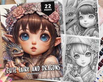 22 Cute Fairy and Dragons Coloring Pages, Grayscale Coloring Pages, Coloring Sheets, Little Fairies, Fantasy Coloring, Fairies Coloring Book