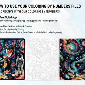 Peut inclure: Fichiers de coloriage num&eacute;rique par num&eacute;ros avec instructions. L'image montre une tablette affichant une illustration color&eacute;e de chien, un astronaute et une page de coloriage termin&eacute;e. Le texte explique comment utiliser les fichiers aux formats PNG, PDF et SVG.