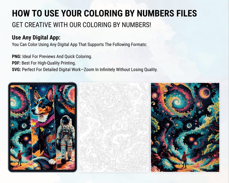 Peut inclure: Fichiers de coloriage num&eacute;rique par num&eacute;ros avec instructions. L'image montre une tablette affichant une illustration color&eacute;e de chien, un astronaute et une page de coloriage termin&eacute;e. Le texte explique comment utiliser les fichiers aux formats PNG, PDF et SVG.