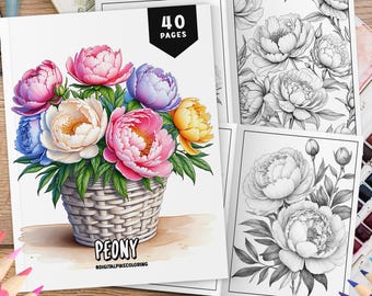 May include: A bouquet of pink, white, blue, and yellow peonies in a woven basket. The flowers are arranged in a vase and the background is a watercolor wash of light blue and pink. The text "PEONY #DIGITALPIKEcoloring" is at the bottom of the image.