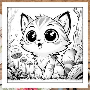 May include: A black and white line drawing of a cute cartoon cat with big eyes and a happy expression. The cat is sitting in a forest setting with mushrooms and leaves.