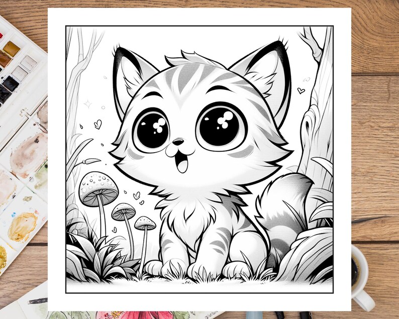 May include: A black and white line drawing of a cute cartoon cat with big eyes and a happy expression. The cat is sitting in a forest setting with mushrooms and leaves.